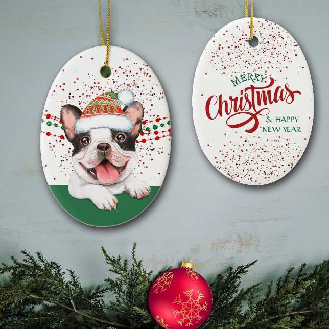 Adorno De Cerámica Bulldog francés Santa Hat Red Confetti (Subido por el creador)