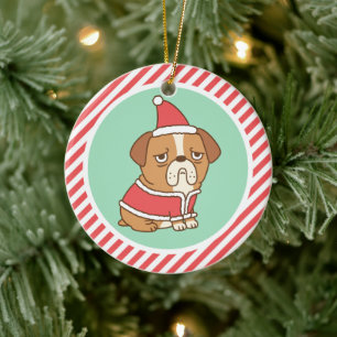 Adorno De Cerámica Bulldog Grumpy Con Vestido De Santa