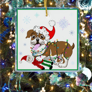 Adorno De Cerámica Bulldog Inglés con Luces de Navidad y Juguete de S