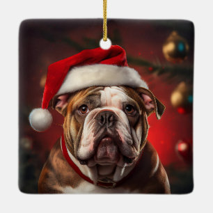 Adorno De Cerámica Bulldog Inglés con Sombrero de Navidad