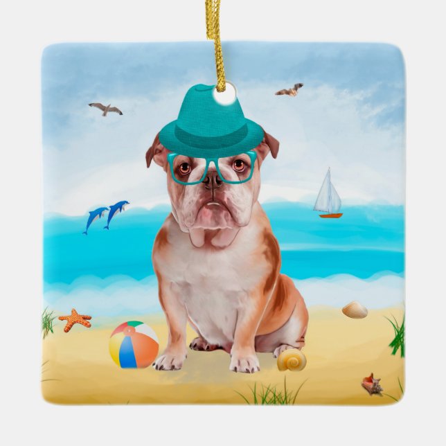 Adorno De Cerámica Bulldog inglés en la playa (Anverso)