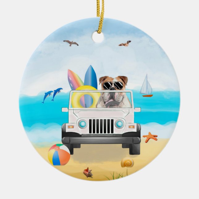 Adorno De Cerámica bulldog inglés en la playa (Frente)