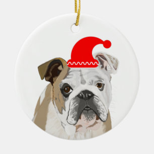 Adorno De Cerámica Bulldog inglés usando un sombrero rojo de Santa H