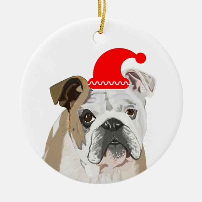 Adorno De Cerámica Bulldog inglés usando un sombrero rojo de Santa Ha (Frente)