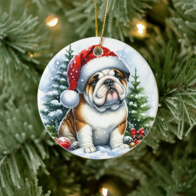 Adorno De Cerámica Bulldog lindo en una acuarela de Santa Hat (Árbol)