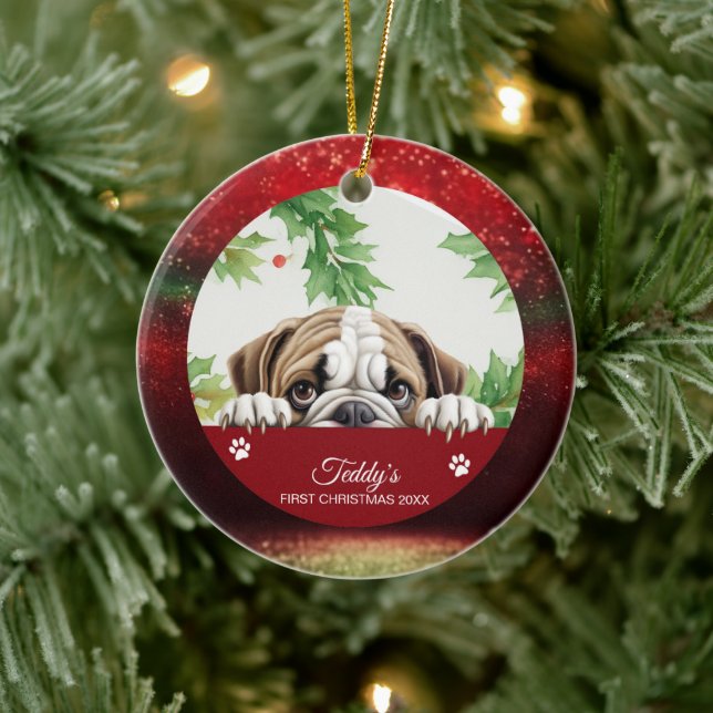 Adorno De Cerámica Bulldog Primera Navidad Personalizada (Árbol)