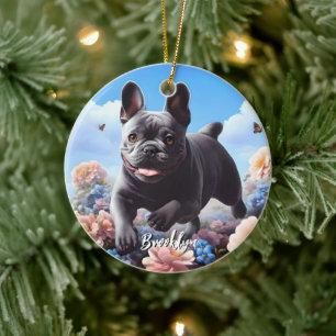 Adorno De Cerámica Bulldog y flores azules de Francia