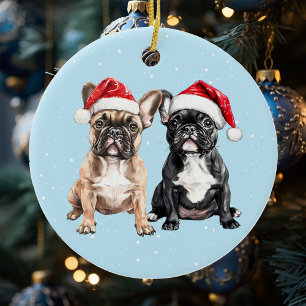 Adorno De Cerámica Bulldogs Franceses Navidad Acuarela
