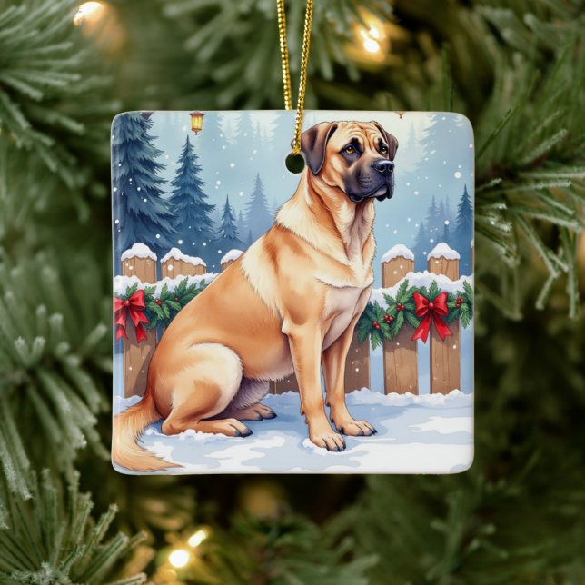 Adorno De Cerámica Bullmastiff Winter Forest Holly Christmas Art (Árbol)