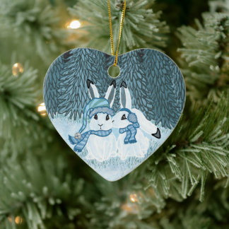 Adorno De Cerámica Bunnies de nieve