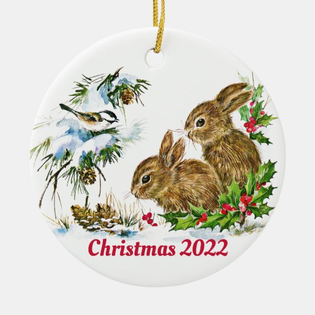 Adorno De Cerámica Bunnies y pájaros disfrutan de Navidades Personali (Frente)