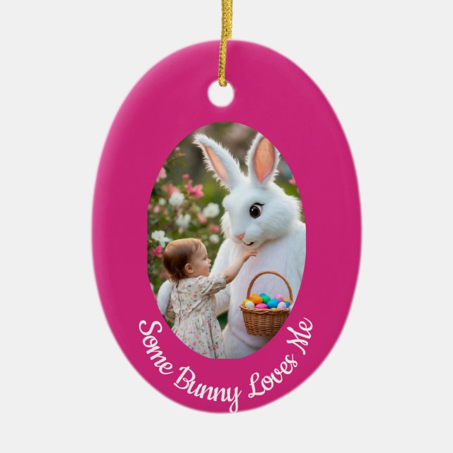Adorno De Cerámica Bunny and Child photo pink blue Oval Frame Easter (Frente)