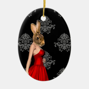 Adorno De Cerámica Bunny con vestido rojo