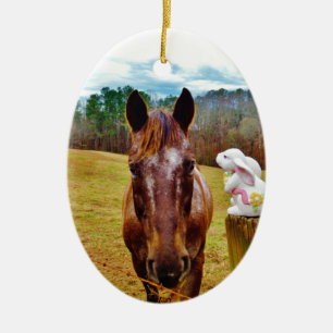 Adorno De Cerámica Bunny de Pascua y caballo marrón