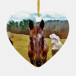 Adorno De Cerámica Bunny de Pascua y caballo marrón
