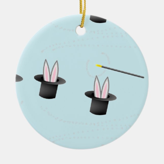 Adorno De Cerámica Bunny en un gorra con varita mágica azul (Frente)