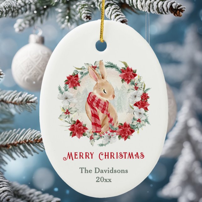 Adorno De Cerámica Bunny Poinsettia Watercolor Name Navidades (Bunny Poinsettia Watercolor Name Christmas Ceramic Ornament)