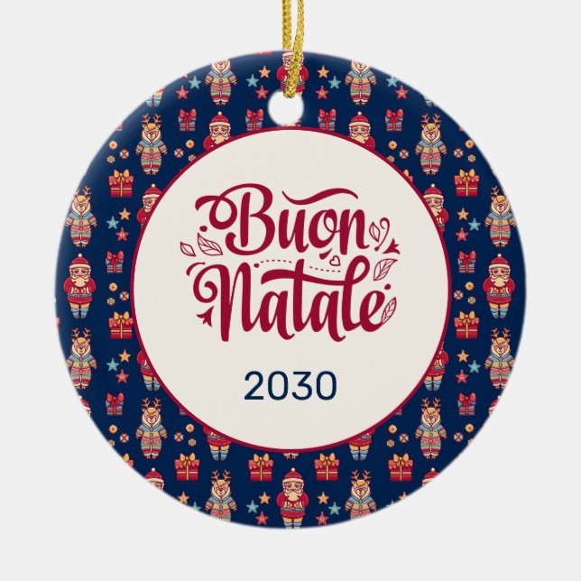 Adorno De Cerámica Buon Natale Folk Santa Reindeer Personalizado Azul (Frente)