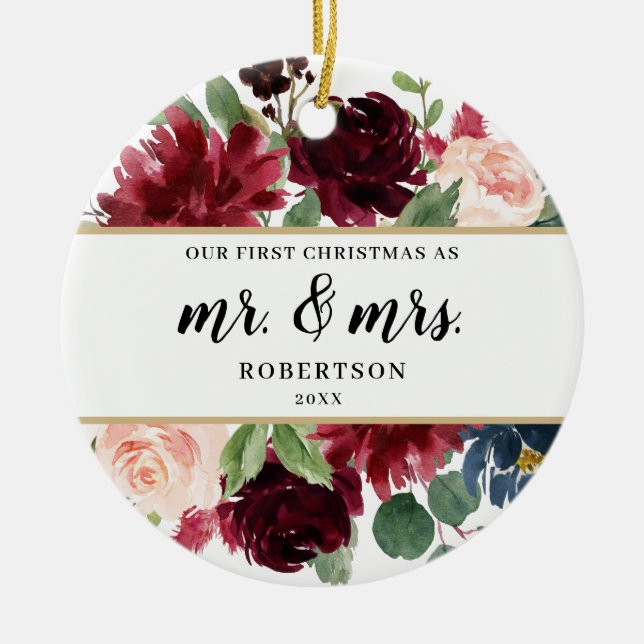 Adorno De Cerámica Burgundy Rubor Floral First Christmas (Frente)