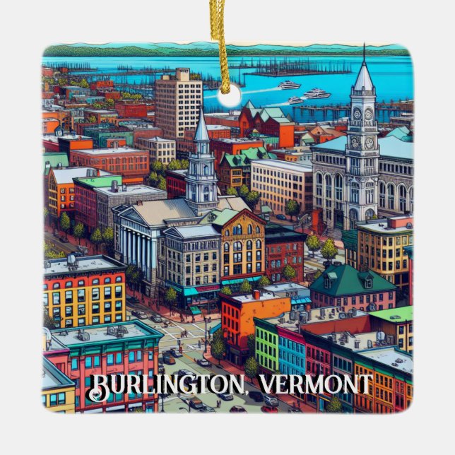 Adorno De Cerámica Burlington, Vermont Comic Book Style Art (Anverso)