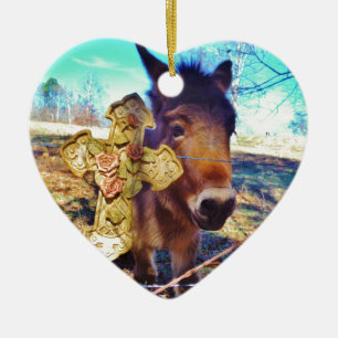Adorno De Cerámica Burro con cruz Rosa