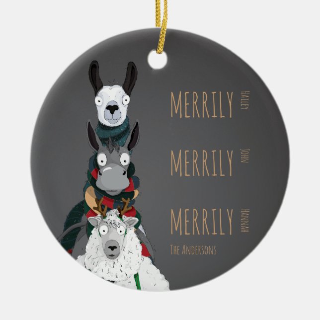 Adorno De Cerámica Burro gracioso, llama y gris de oveja (Frente)