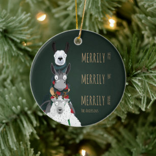 Adorno De Cerámica Burro gracioso, verde de llamada y oveja