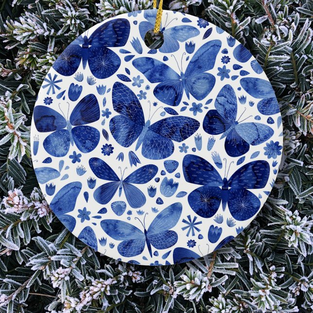 Adorno De Cerámica Butterflies Watercolor Blue (Blue and white butterfly pattern  ceramic Christmas ornament)