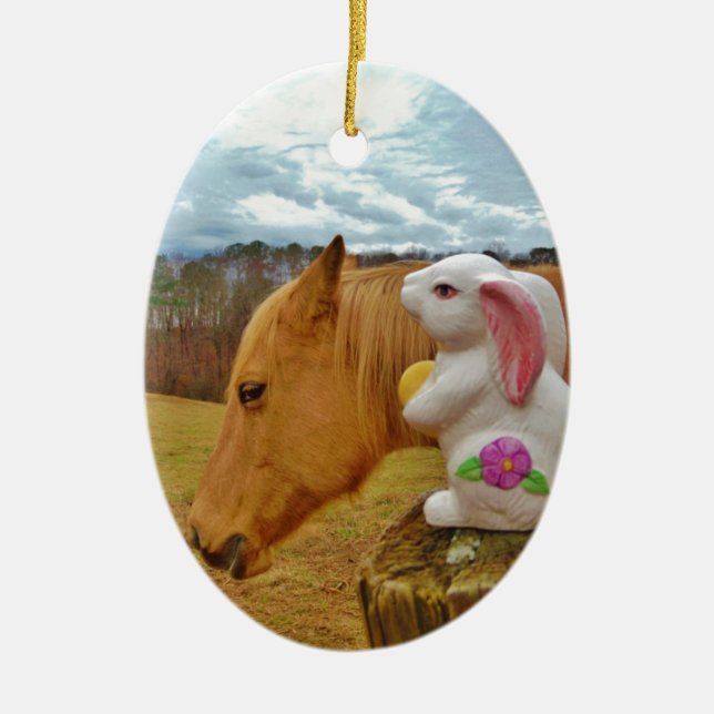 Adorno De Cerámica Caballo amarillo, conejo de primavera (Frente)