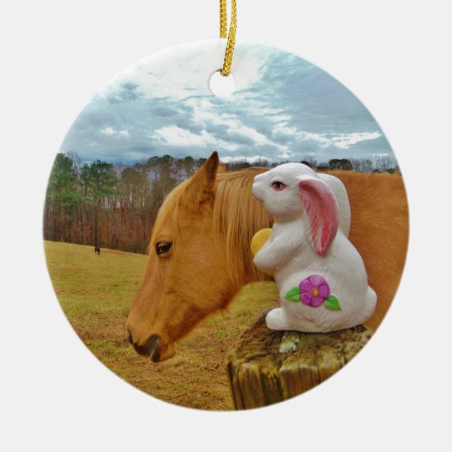 Adorno De Cerámica Caballo amarillo, conejo de primavera (Frente)