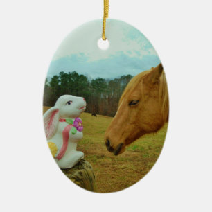 Adorno De Cerámica Caballo amarillo rubio y conejo de Pascua