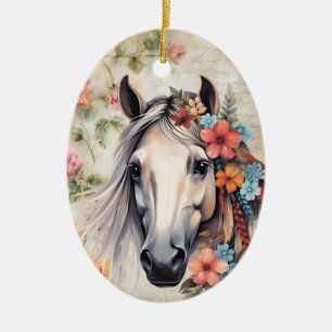 Adorno De Cerámica Caballo blanco en flores.