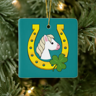 Adorno De Cerámica Caballo blanco lindo con zapato de caballo dorado,