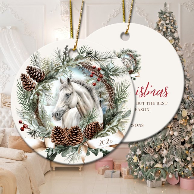 Adorno De Cerámica Caballo blanco Navidades de caballo gris pino (White horse grey horse Christmas pinecone wreath Ceramic Ornament)