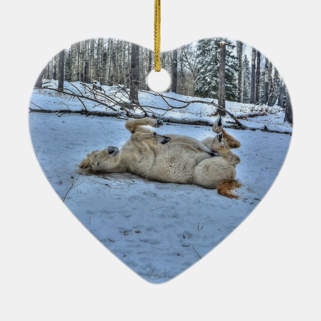 Adorno De Cerámica Caballo blanco rodando en nieve de invierno (Atrás)