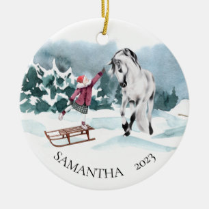 Adorno De Cerámica Caballo de acuarela Invierno Nieve Con Niña