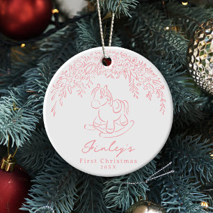 Adorno De Cerámica Caballo de balancín caprichoso rosa Primera Navida