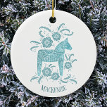 Adorno De Cerámica Caballo de dala sueco personalizado<br><div class="desc">Verde azulado cuadro verde y blanco de un caballo de Dala sueco. Cambie o quite el nombre al personalizar.</div>