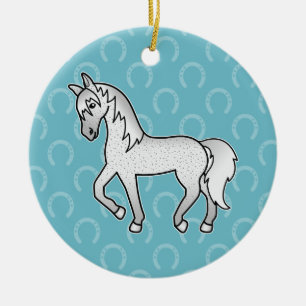 Adorno De Cerámica Caballo De Dibujos Animados Gris Trotando Mordido 