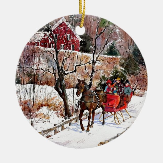 Adorno De Cerámica Caballo de invierno y Sleigh (Frente)