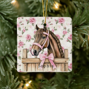 Adorno De Cerámica Caballo de Navidad de Rosas Rosadas Lindas