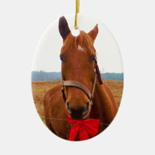 Adorno De Cerámica Caballo de Navidad marrón y lazo rojo