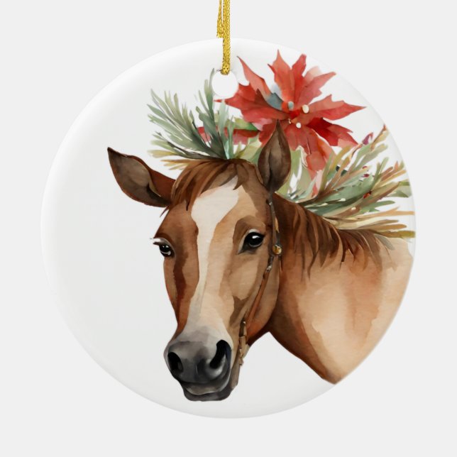 Adorno De Cerámica Caballo de Navidades de acuarela (Atrás)
