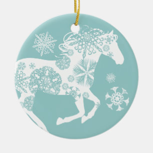 Adorno De Cerámica Caballo de Navidades de copos de nieve azules y bl