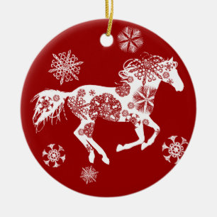 Adorno De Cerámica Caballo de Navidades de copos de nieve rojos y bla