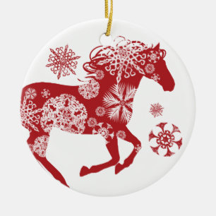 Adorno De Cerámica Caballo de Navidades de copos de nieve rojos y bla