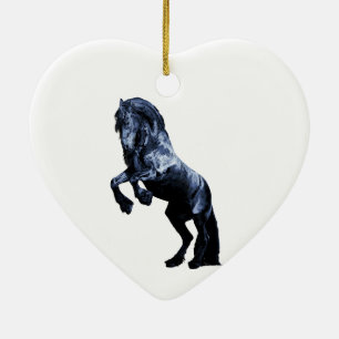 Adorno De Cerámica Caballo frisón, semental negro, corazón rojo