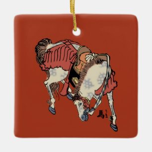 Adorno De Cerámica Caballo Japonés Vintage de Navidad sobre Rojo Chin