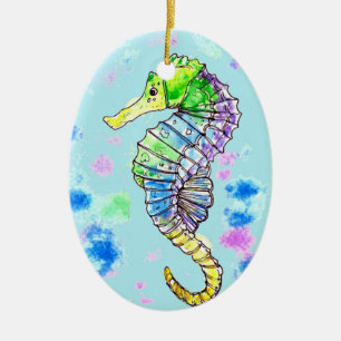 Adorno De Cerámica Caballo marino acuarela