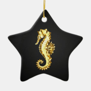 Adorno De Cerámica Caballo marino polígono de oro
